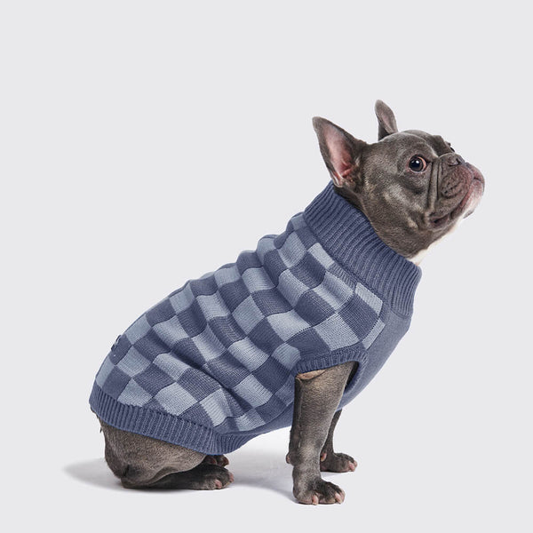 Navy Checkered Knit Dog Sweater