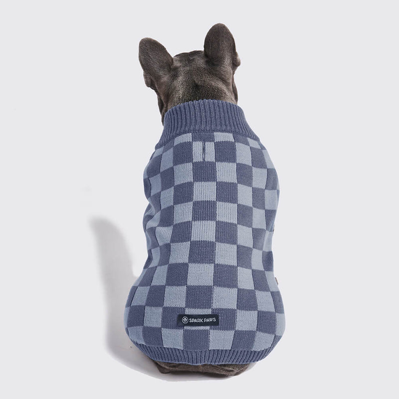 Navy Checkered Knit Dog Sweater