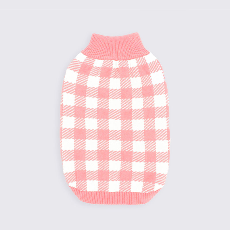 Pink Checkered Knit Dog Sweater